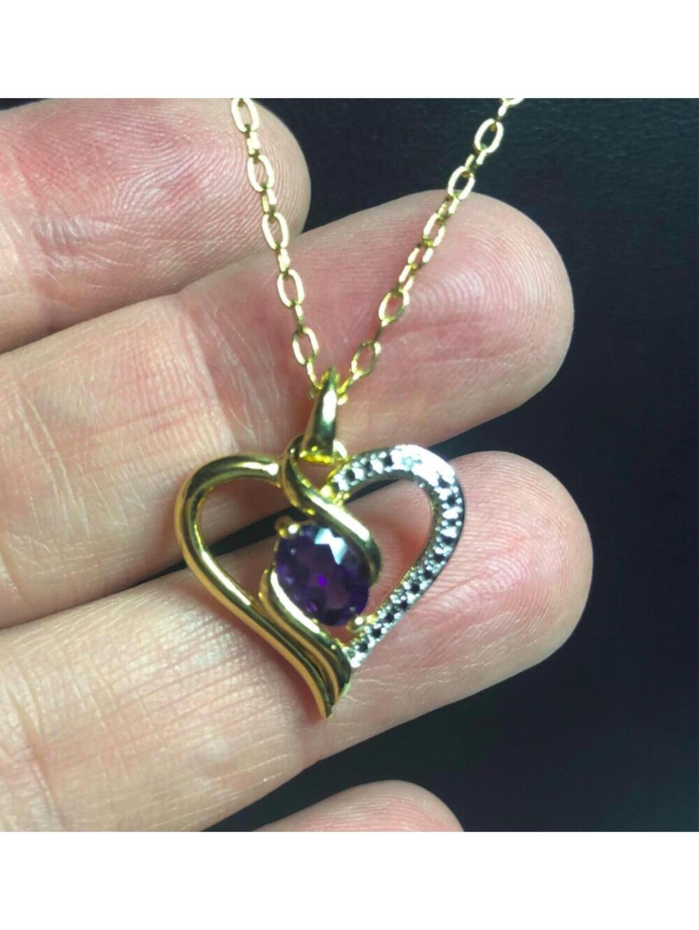 1633 PAJ BB Yellow Gold Plated Natural Amethyst swirl heart Pendant Necklace 18"